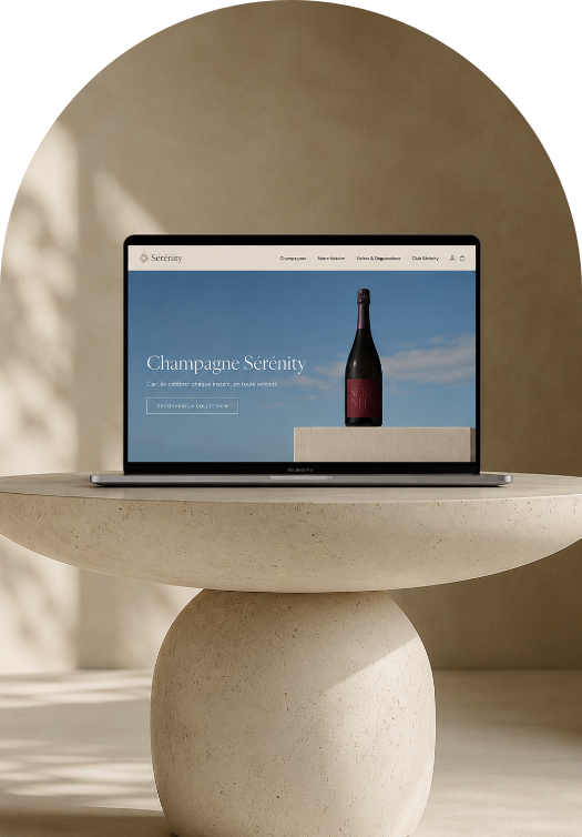 Un ordinateur présentant le site Champagne Sérénity, posé sur une table en pierre